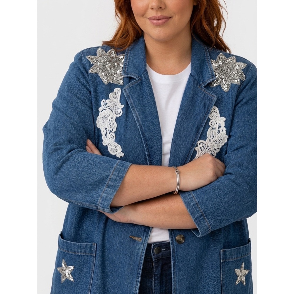 Hunters Run Denim Blazer Jacket Sequin Lace Applique Vintage Retro 90s Y2K
